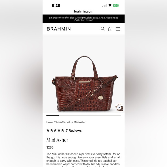 Brahmin Mini Asher Satchel Pecan Melbourne Croc Embossed Crossbody/Double Handle - Picture 12 of 12